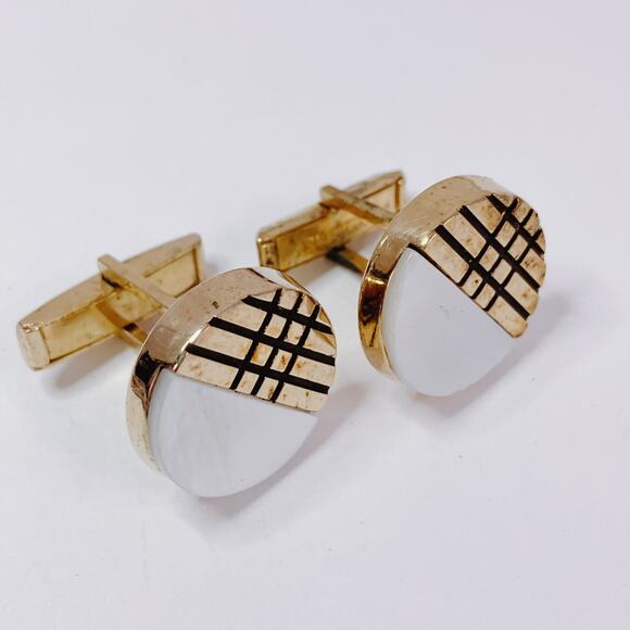 Vintage Modernist Geometric Cufflinks Mother Of Pearl Gold Tone 1960s 1970s - Picture 5 of 10